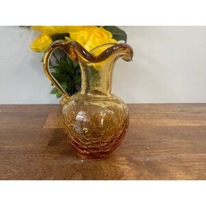 Vintage Amber Crackle Glass Hand Blown Mini Pitcher Applied Handle MCM Decpr Jug